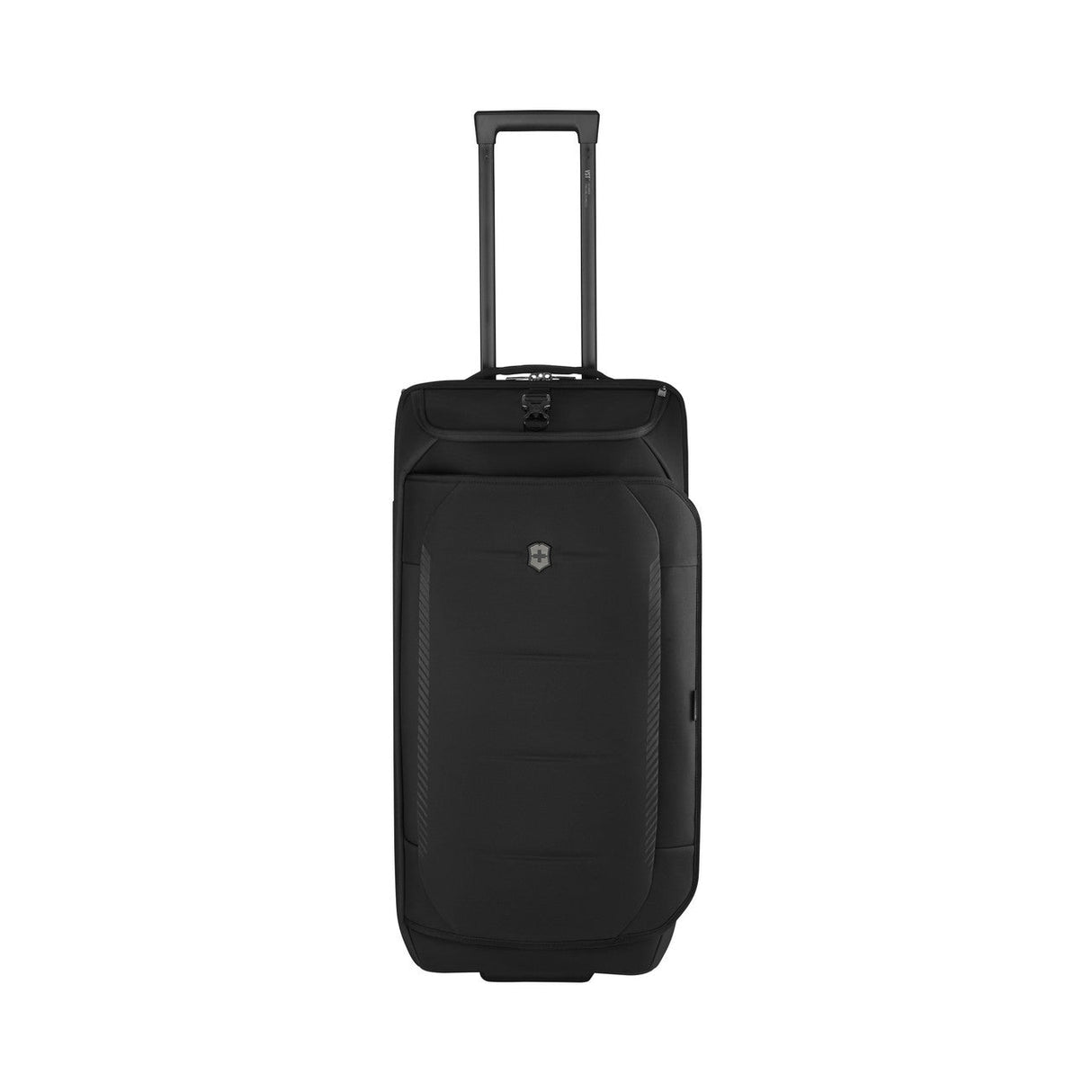 Black rolling suitcase with an extendable handle.
