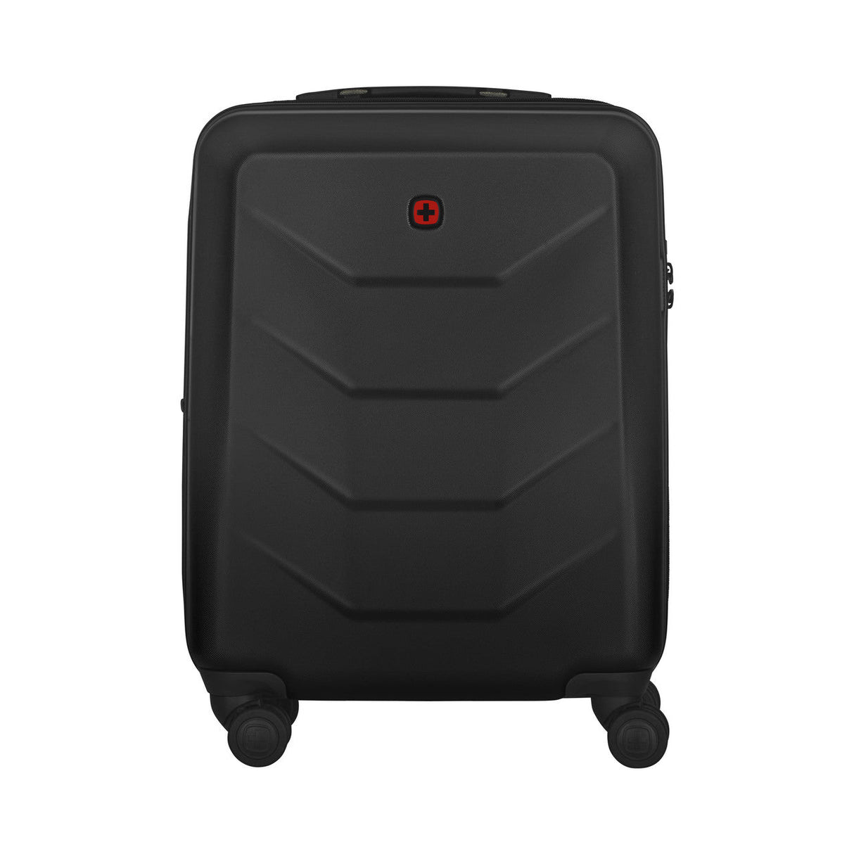 Black hardshell rolling suitcase with a textured exterior and small red logo.