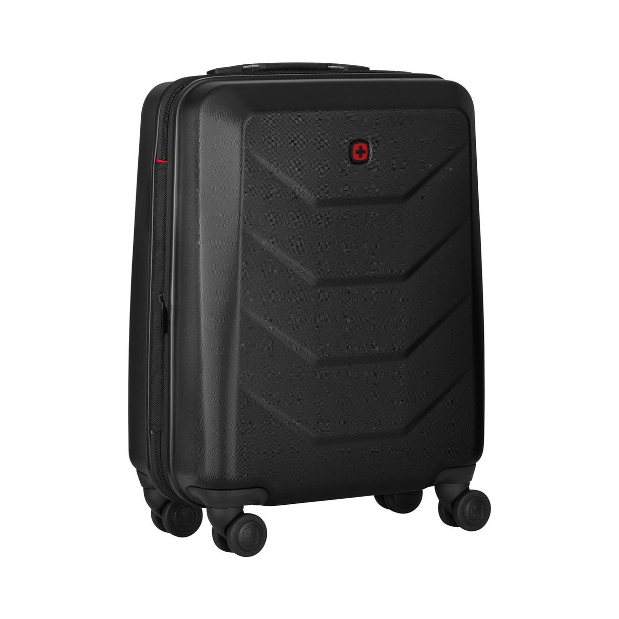 Black hardshell rolling suitcase with a geometric pattern and red accents.
