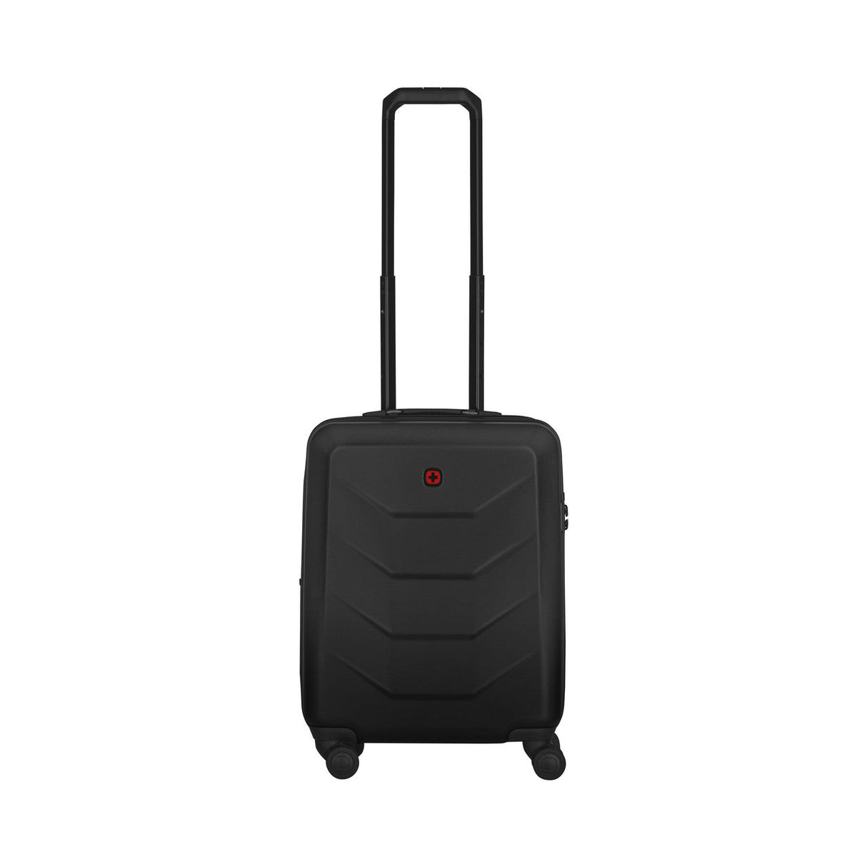 Black hardshell carry-on suitcase with retractable handle and wheels.