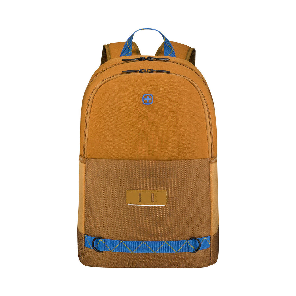 Mustard yellow backpack with blue accents and a front pocket.
