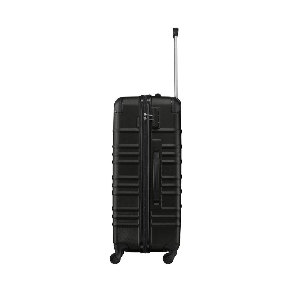 Black hard-shell rolling suitcase with a textured exterior and extendable handle.