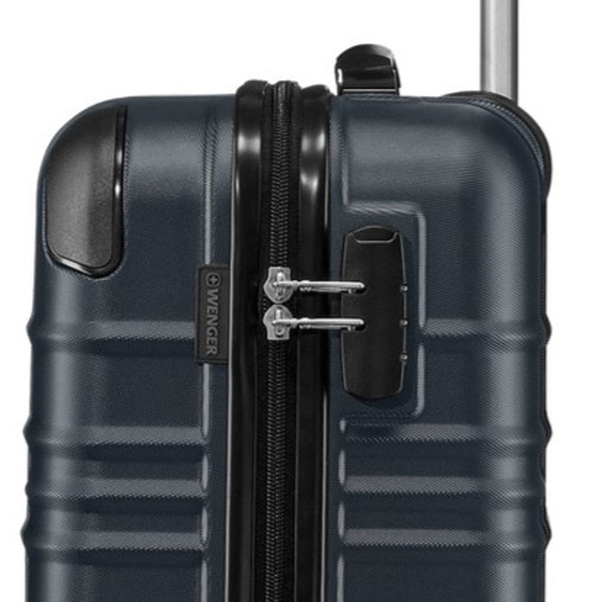 Dark blue hardshell suitcase with horizontal ridges and a zipper closure.