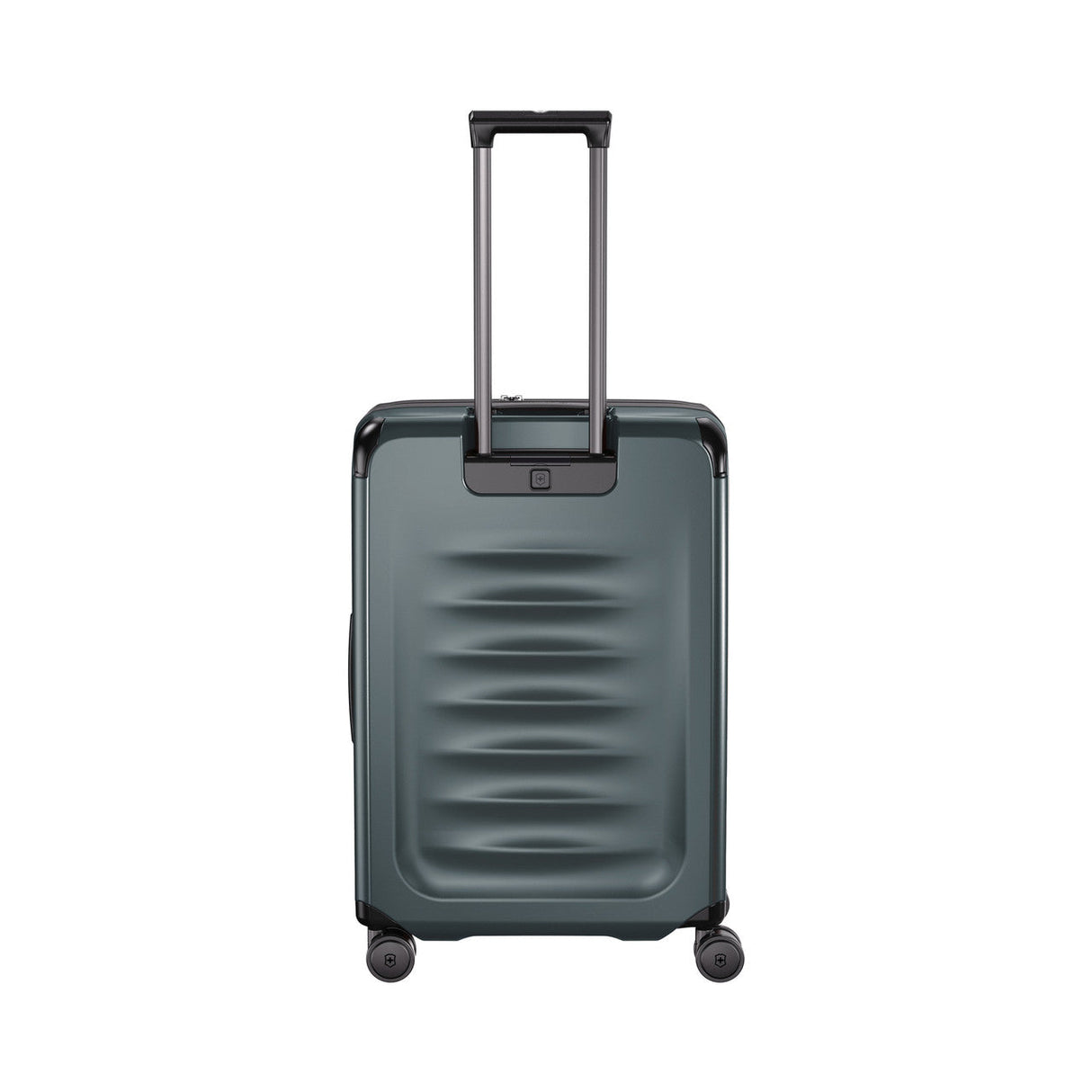 Dark gray hardshell rolling suitcase with an extendable handle and wheels.