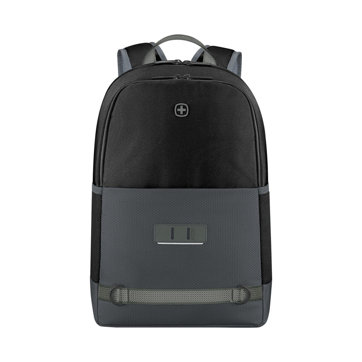 Black and gray backpack with a logo and front pocket.