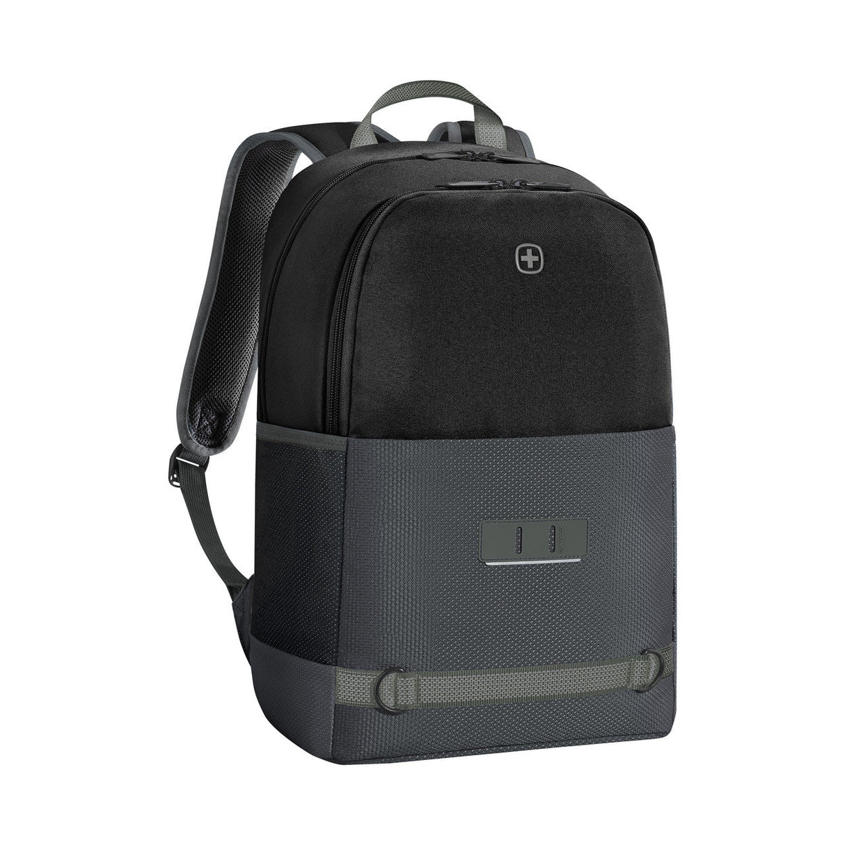 Black and gray backpack with a sleek, two-tone design and adjustable straps.