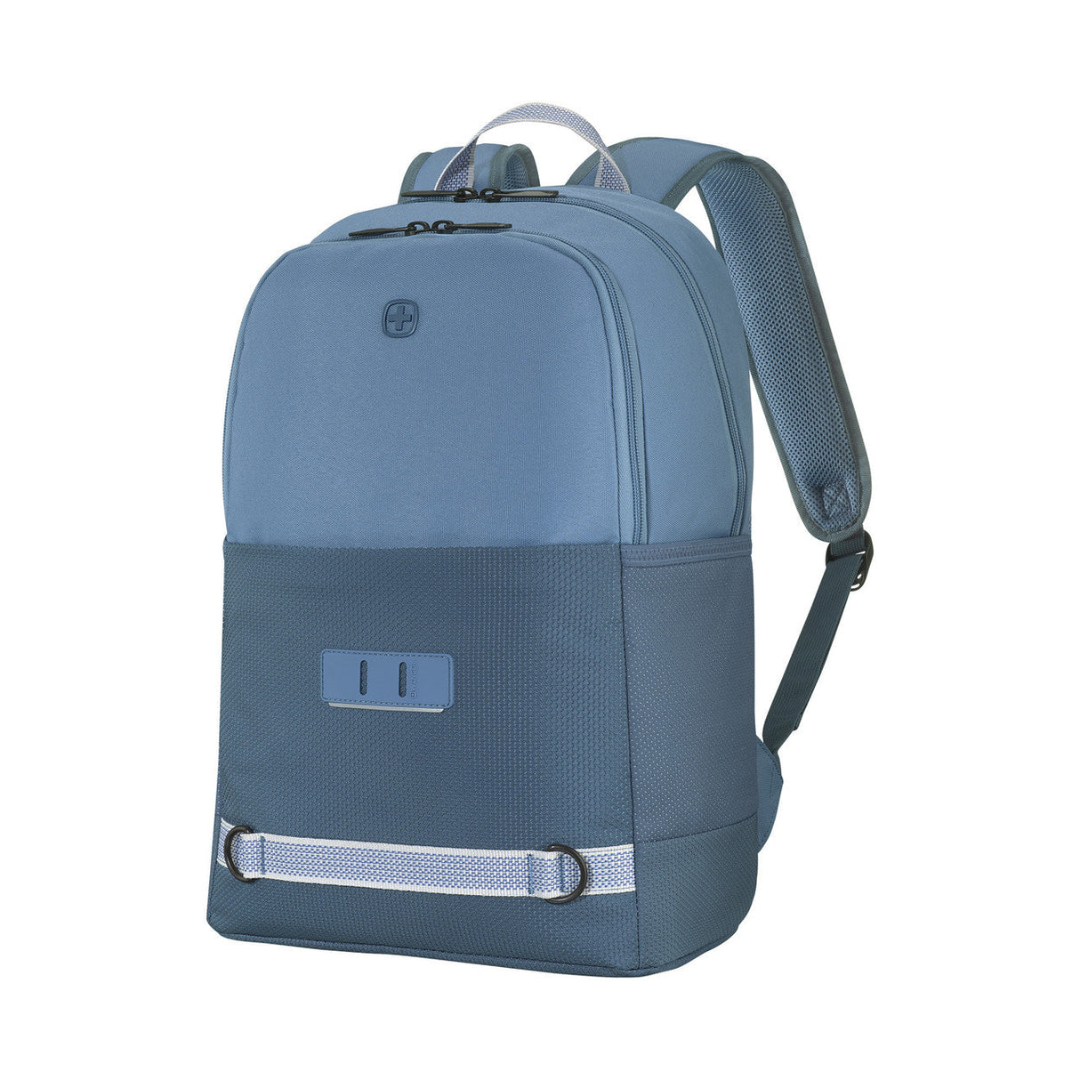 Blue backpack with a two-tone design and padded straps.