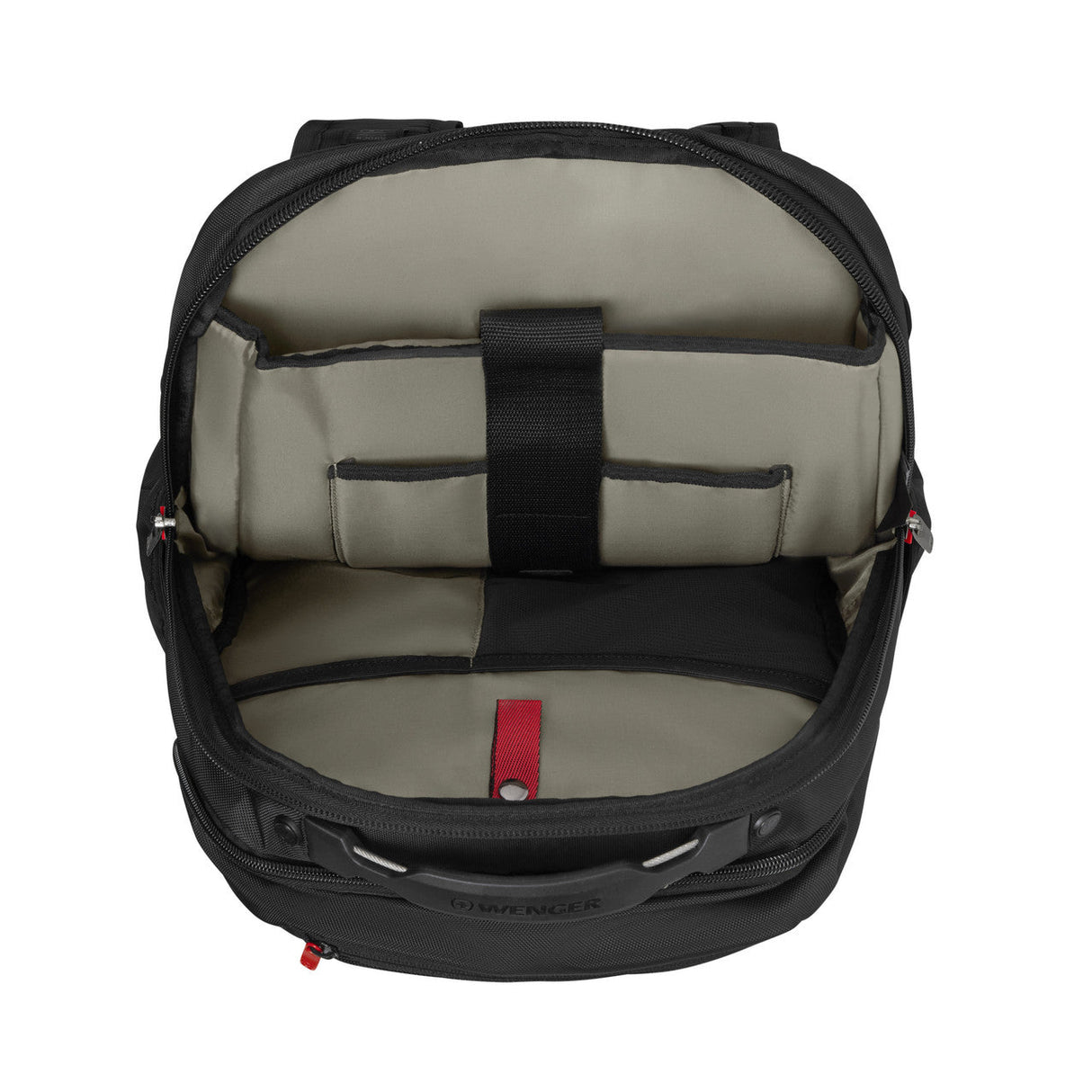 Open backpack showing interior compartments and organization features.