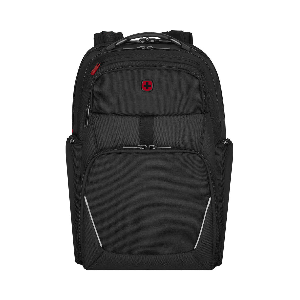 Black backpack with red accents and multiple compartments.
