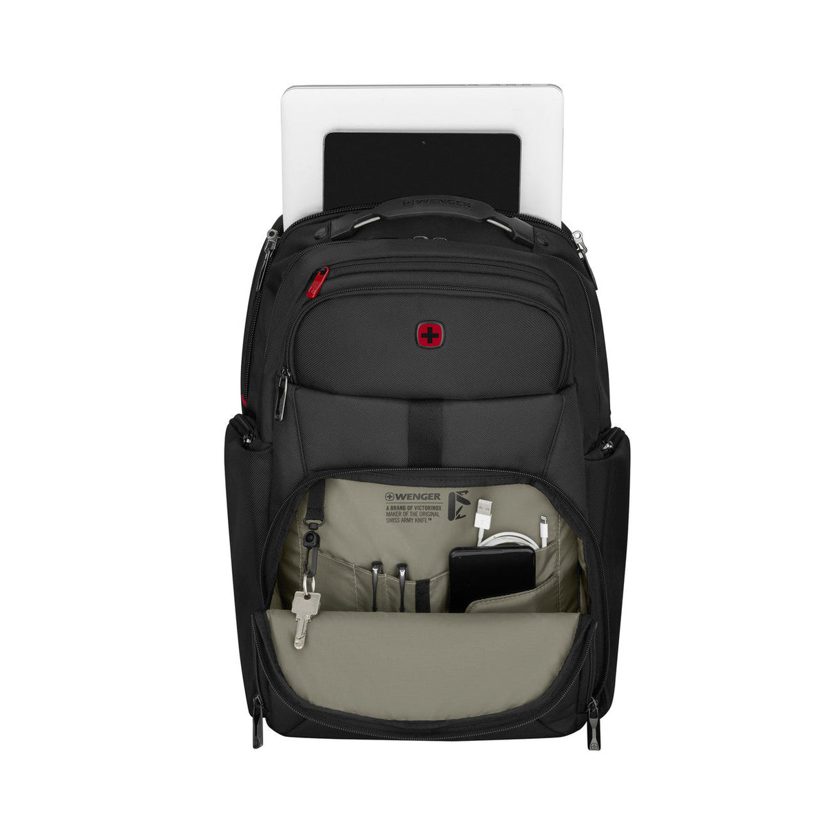 Black backpack with multiple compartments and a laptop sleeve visible.