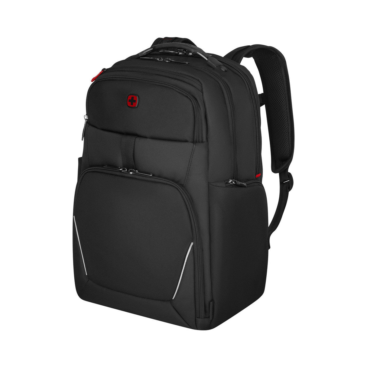 Black backpack with multiple compartments and padded straps.