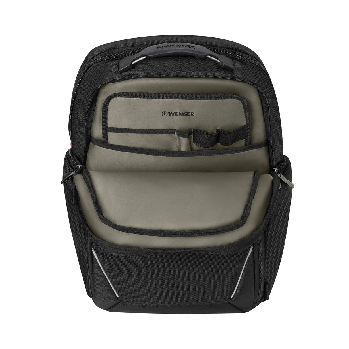 Wenger backpack with black exterior and gray interior compartments.