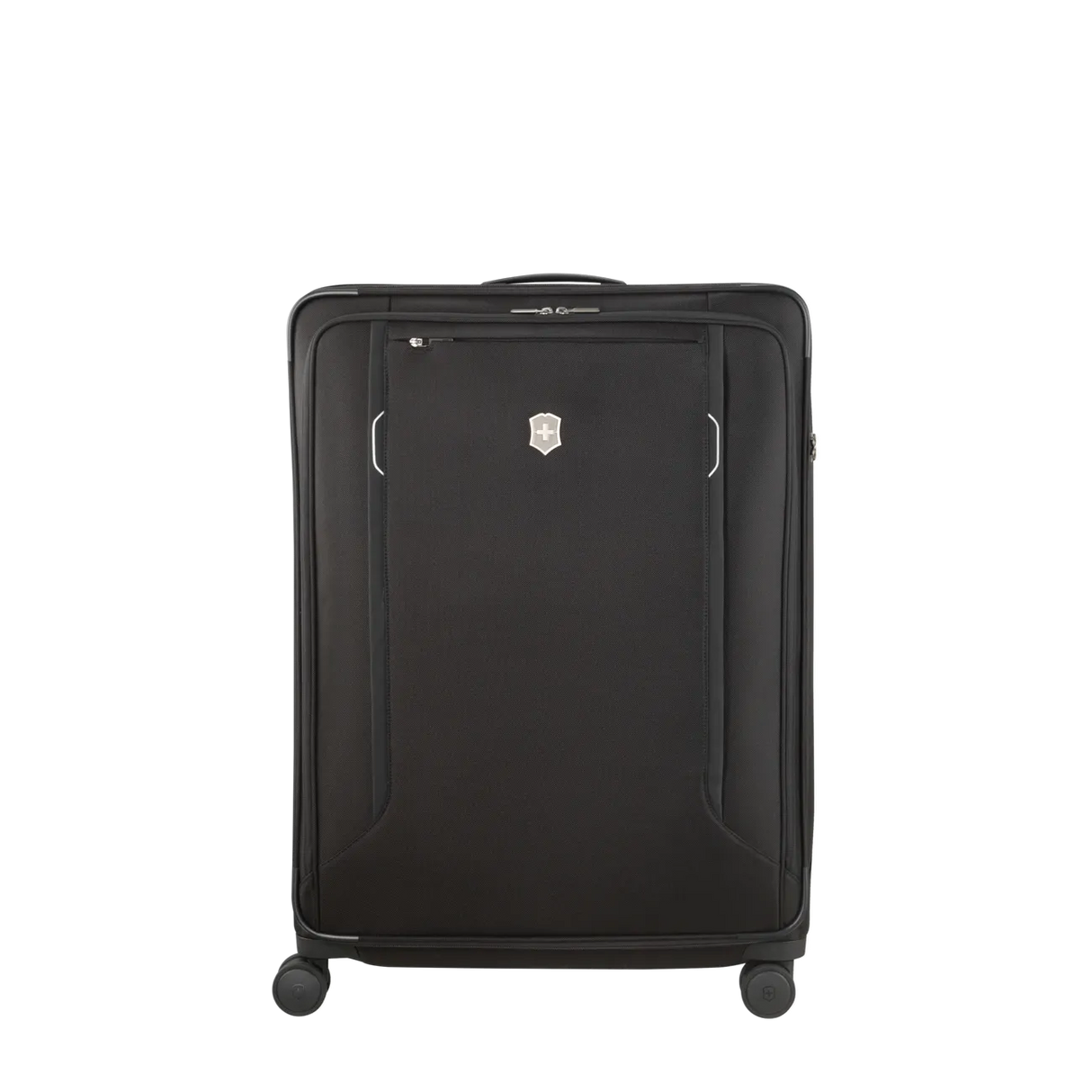 Black wheeled suitcase with a front zippered compartment.