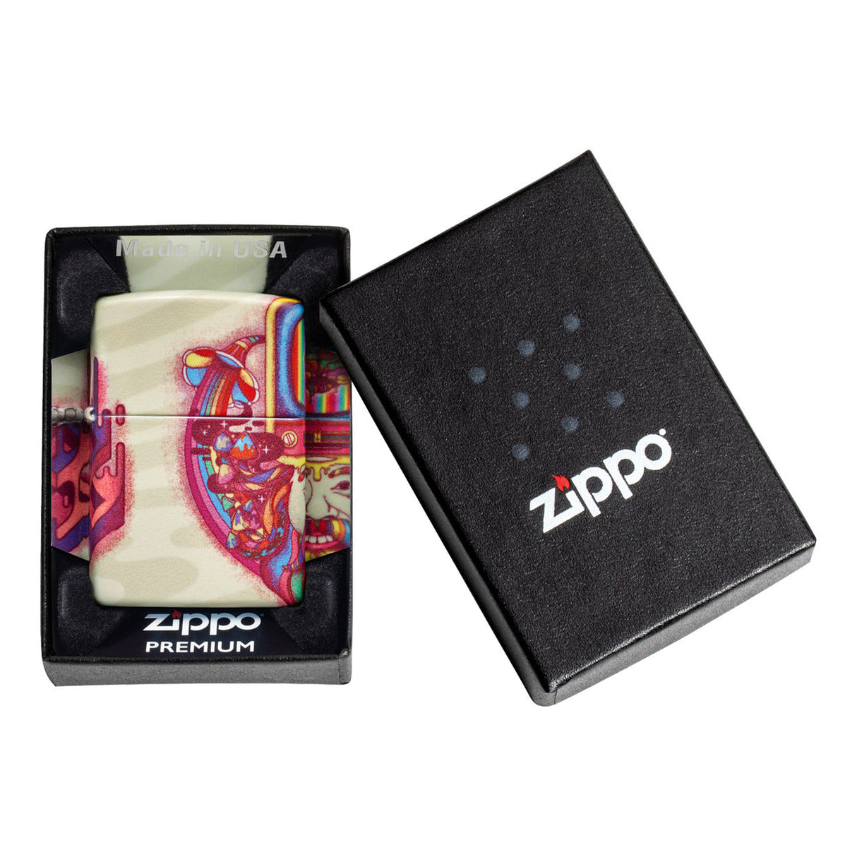 Zippo lighter with a colorful anatomical heart design in its packaging.