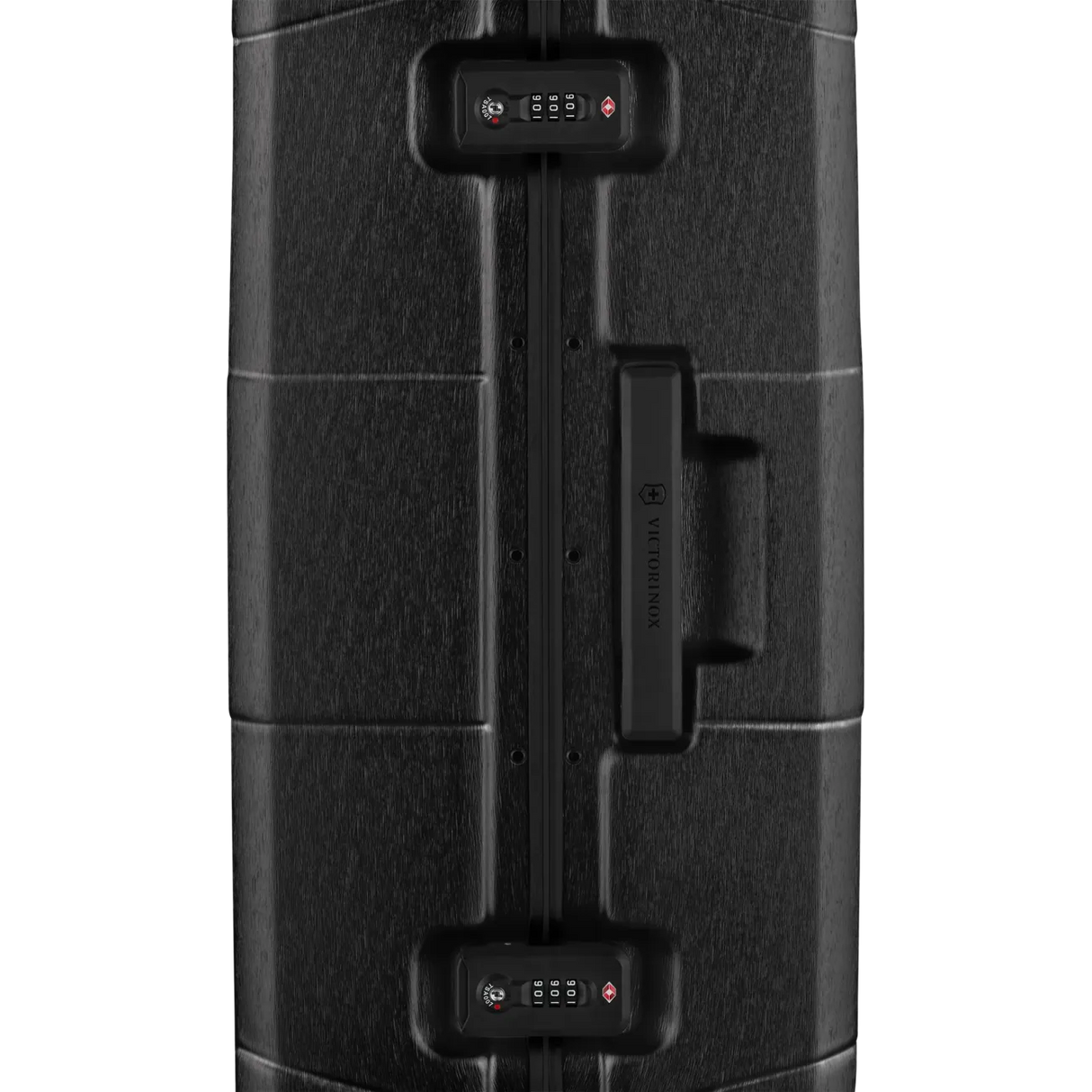 Black hardshell suitcase with combination locks and a handle.