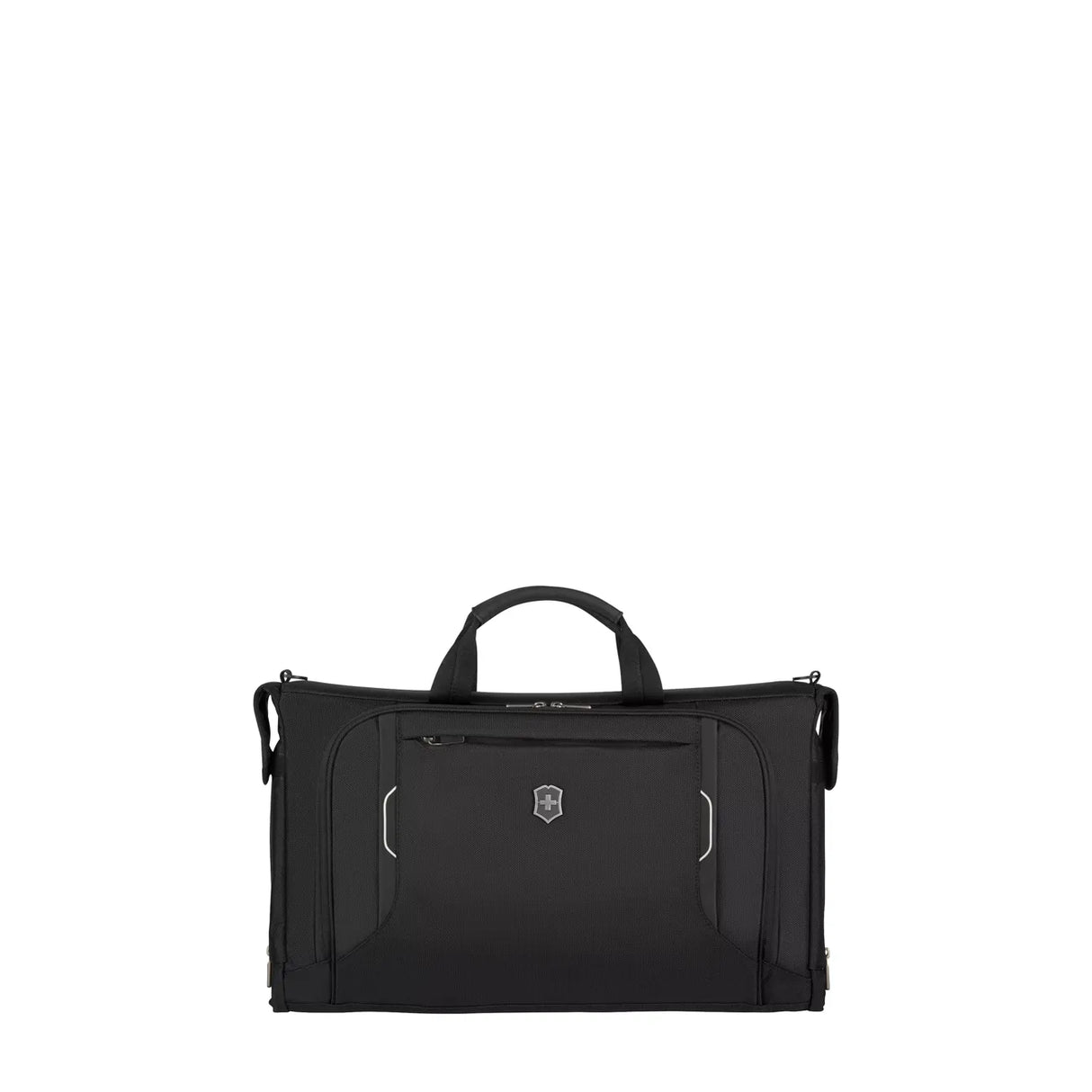 Black travel bag or garment carrier with handles and a shoulder strap.