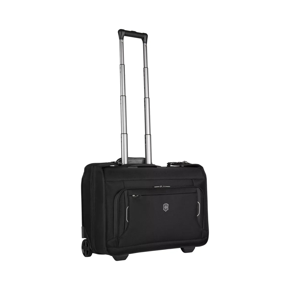 Black rolling carry-on luggage with an extendable handle.