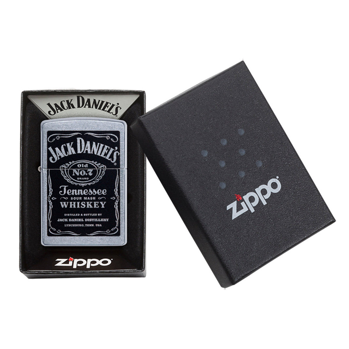 Jack Daniel’s branded Zippo lighter in its packaging.