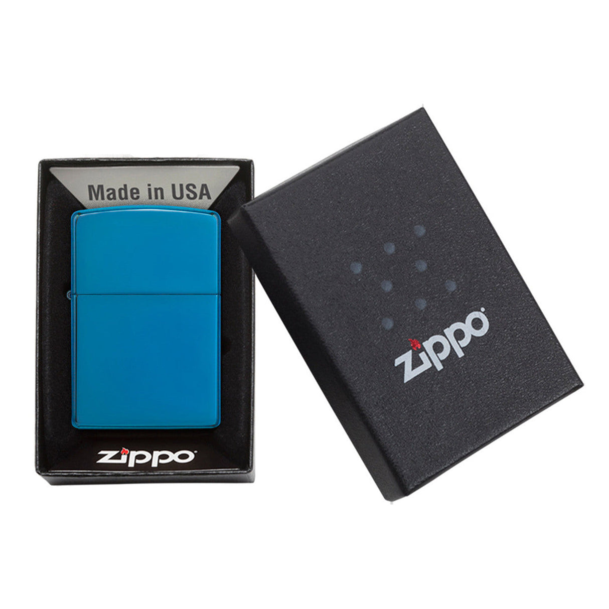 Bright blue Zippo lighter in its packaging box.