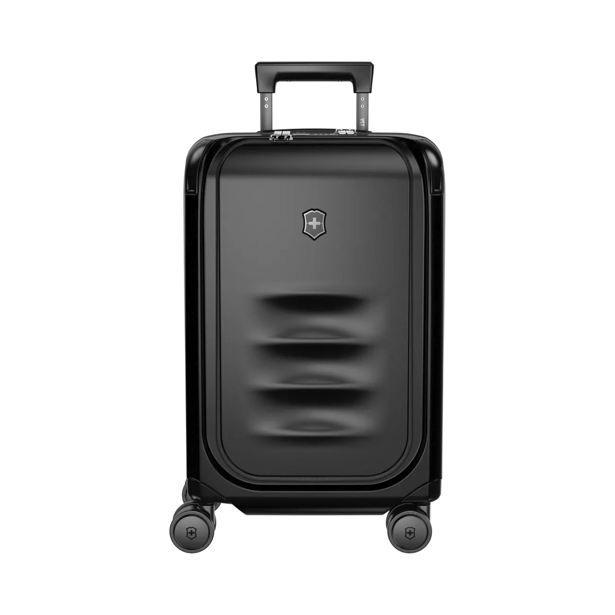 Black hardshell rolling suitcase with a retractable handle and four wheels.
