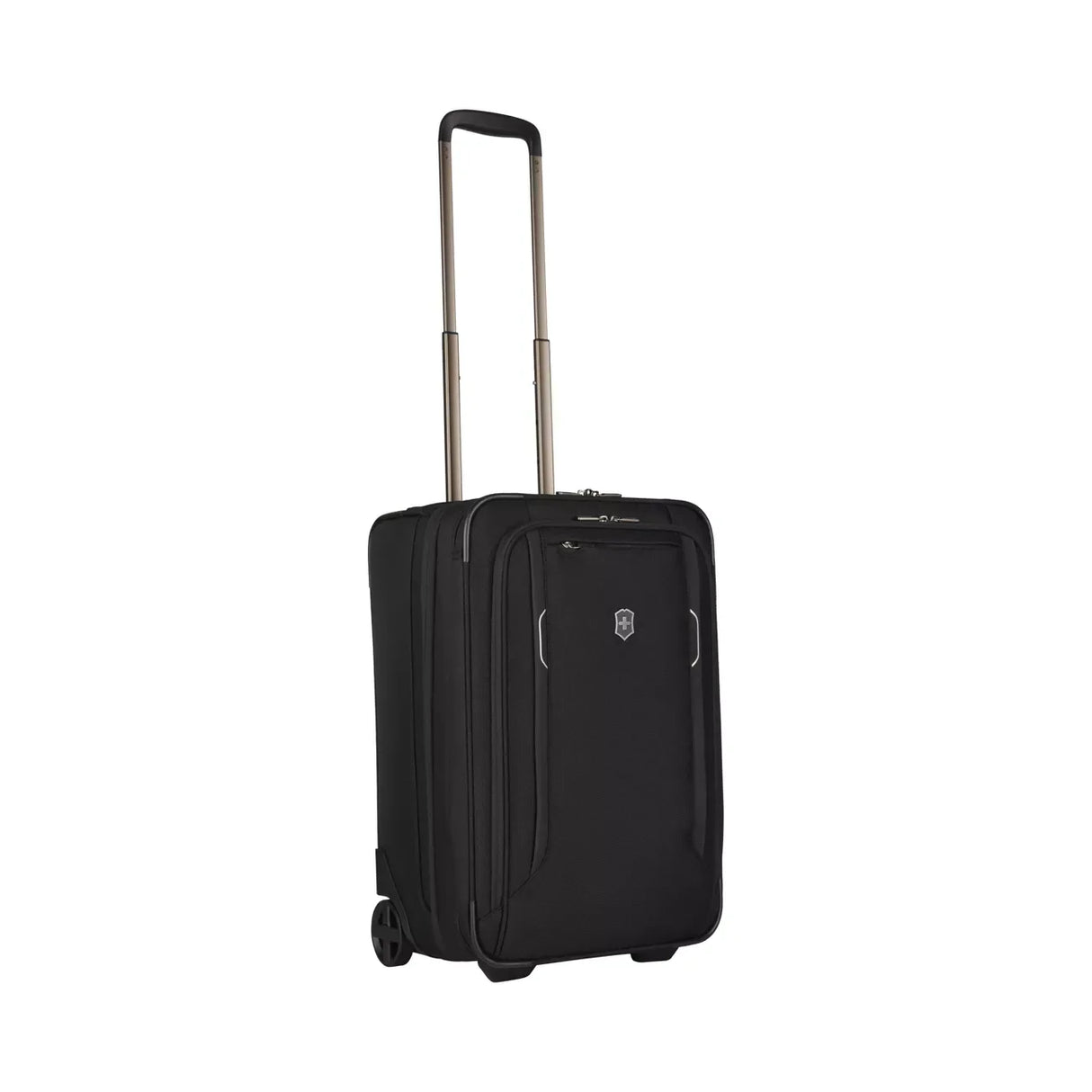 Black wheeled carry-on suitcase with an extendable handle.