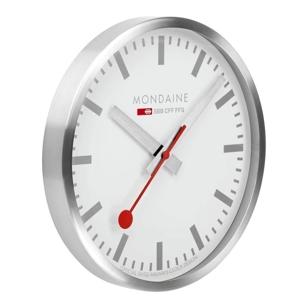 Sleek white wall clock with a silver rim and red hands.