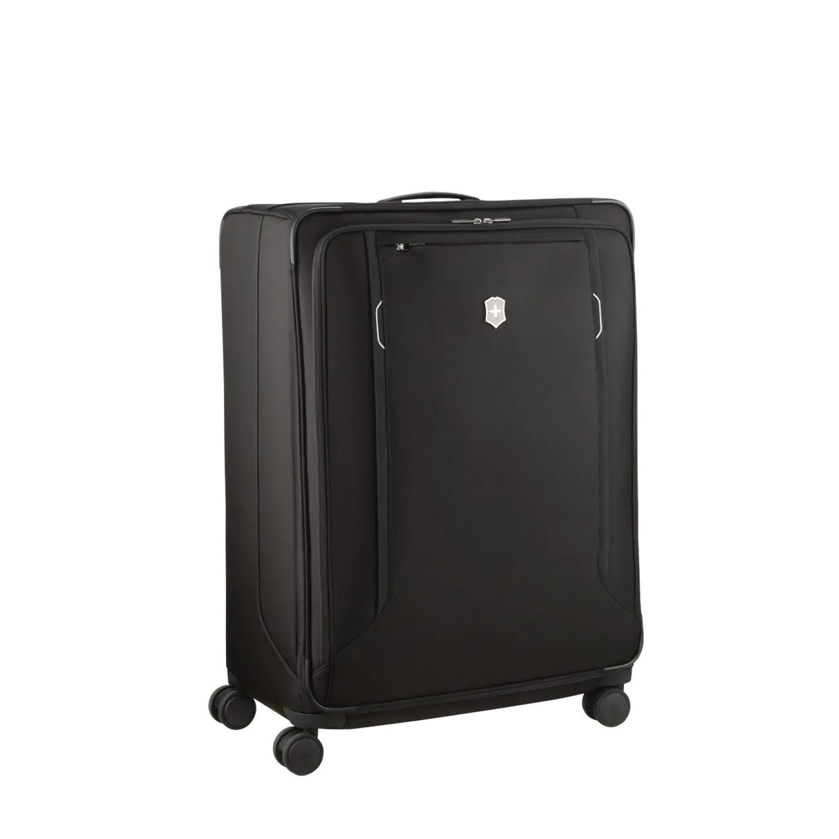 Black rolling suitcase with four wheels and a front pocket.