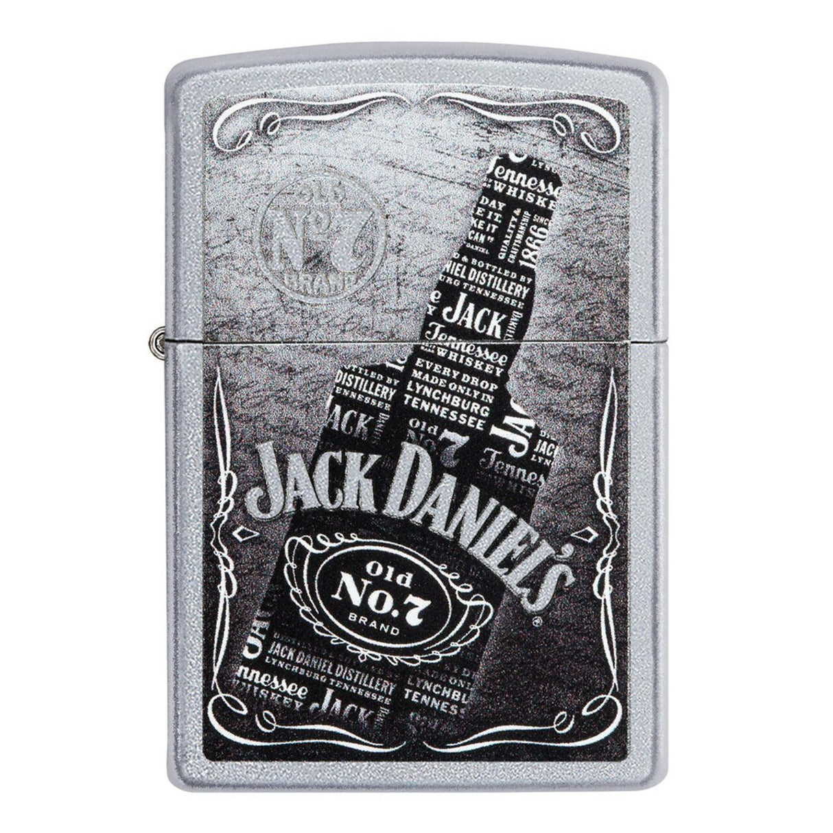 Zippo lighter featuring a Jack Daniel’s whiskey bottle design.