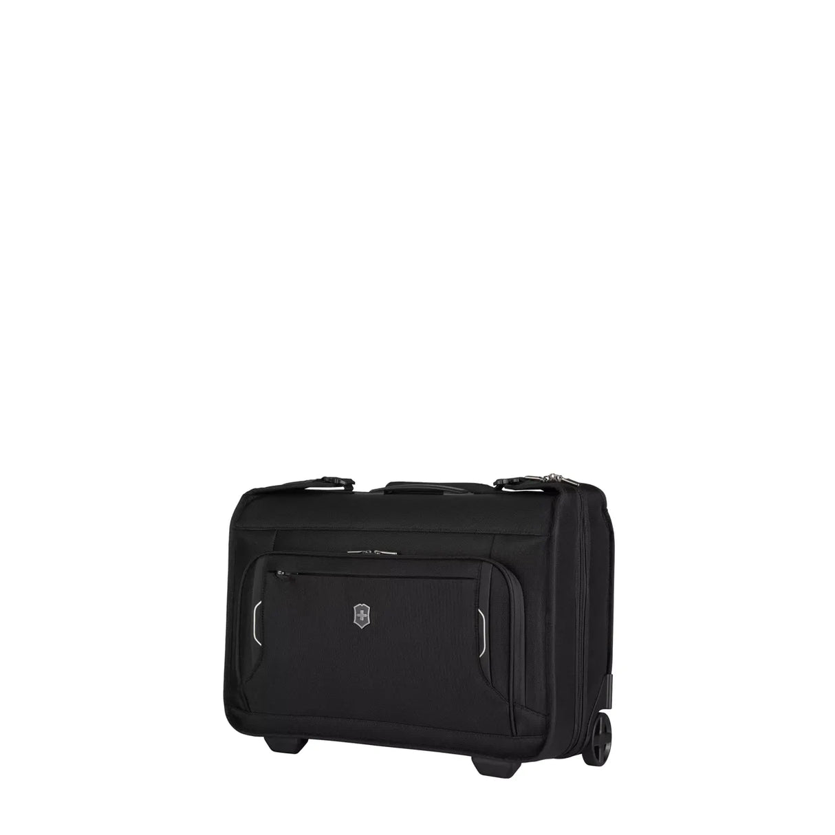 Black rolling garment bag or carry-on luggage with exterior pockets.