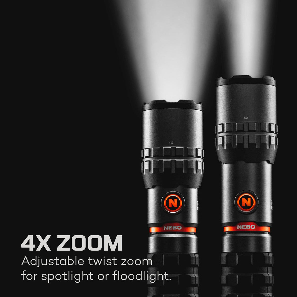 Two black tactical flashlights with red accents and adjustable zoom functionality.