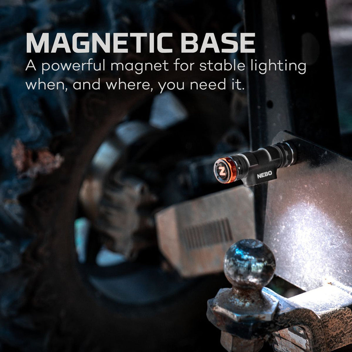 Magnetic flashlight attached to a metal surface.