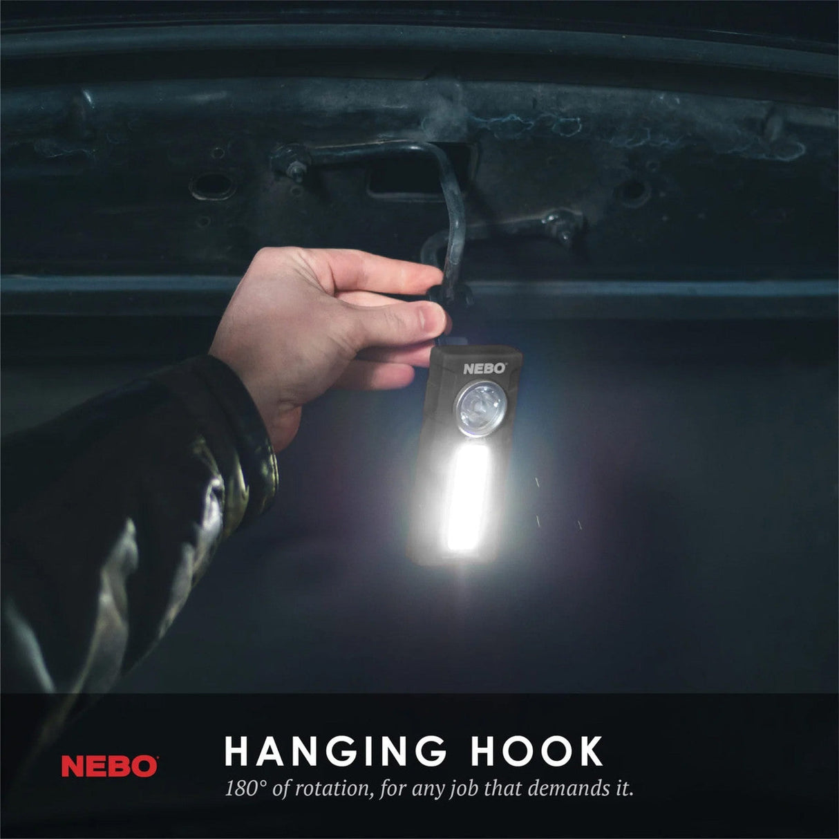 Handheld flashlight with a rotating hook attachment.