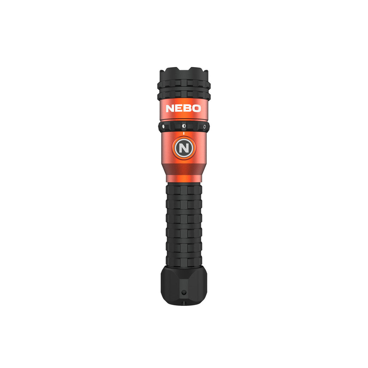 Red and black handheld flashlight with ’NEBO’ branding.