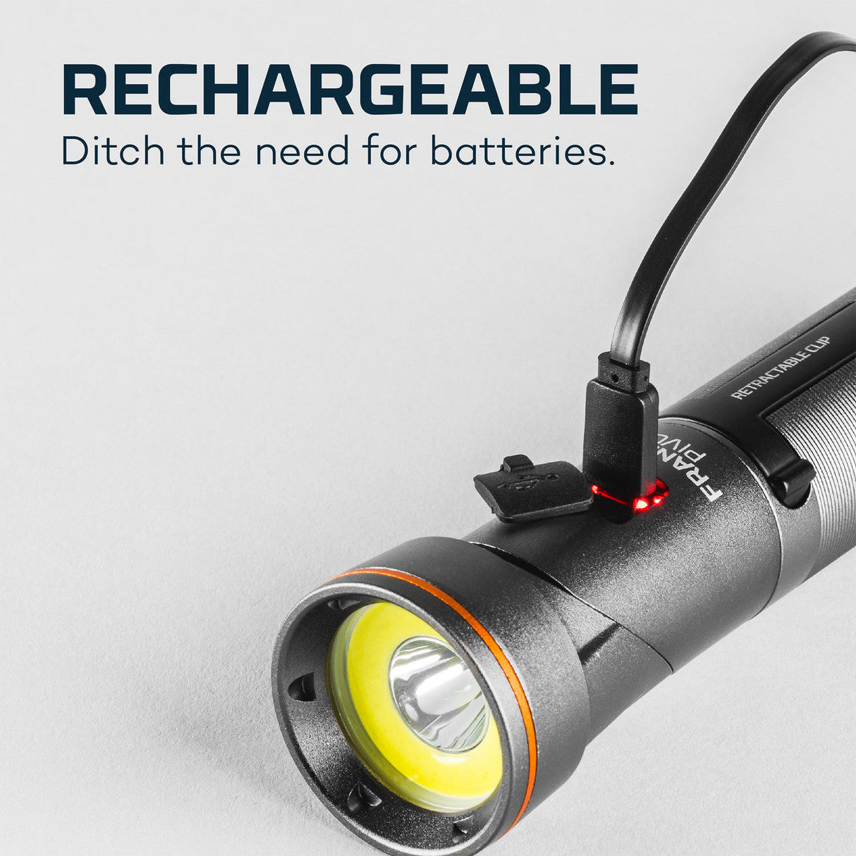 Rechargeable flashlight with a bright LED and charging port visible.