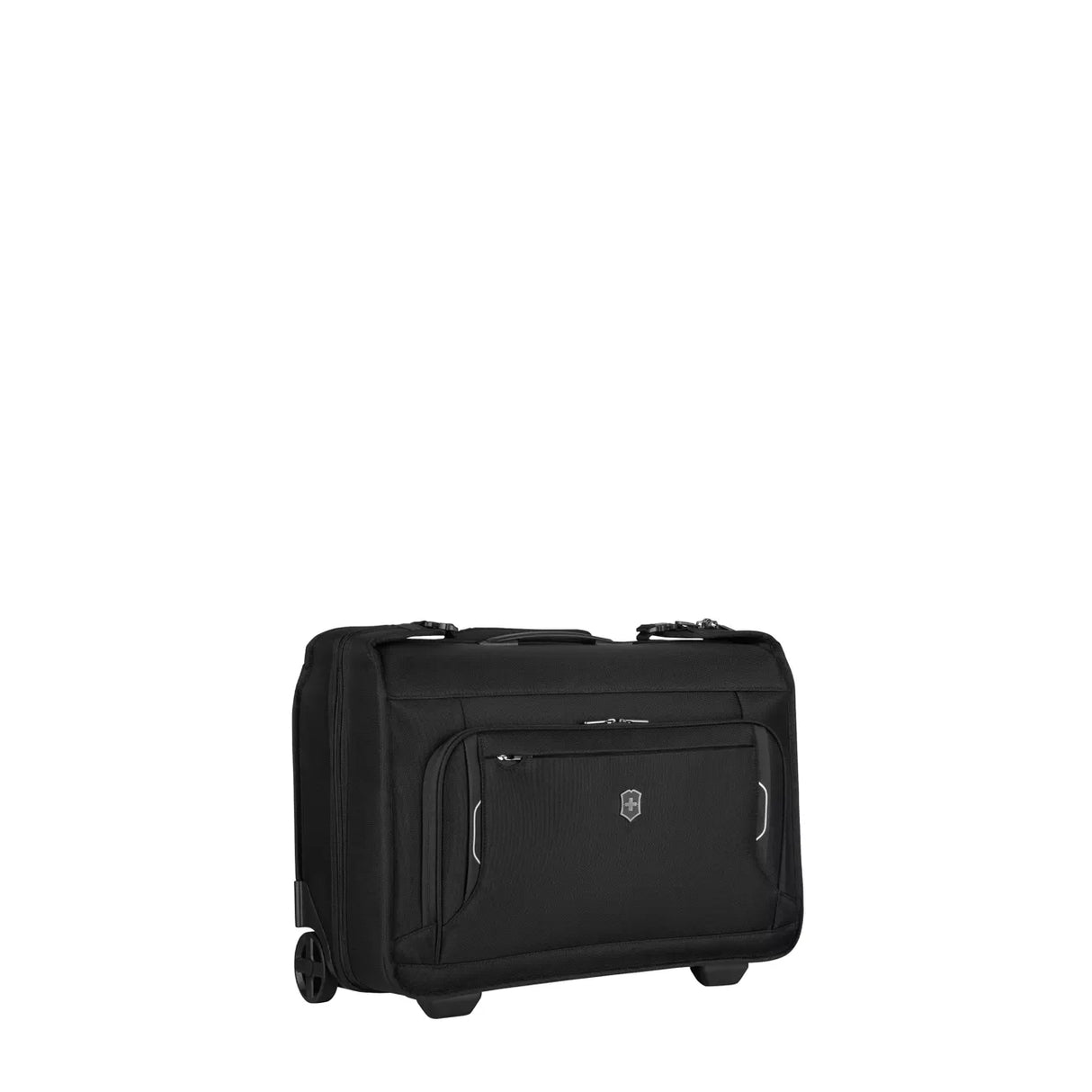 Black rolling garment bag or carry-on luggage with multiple compartments.