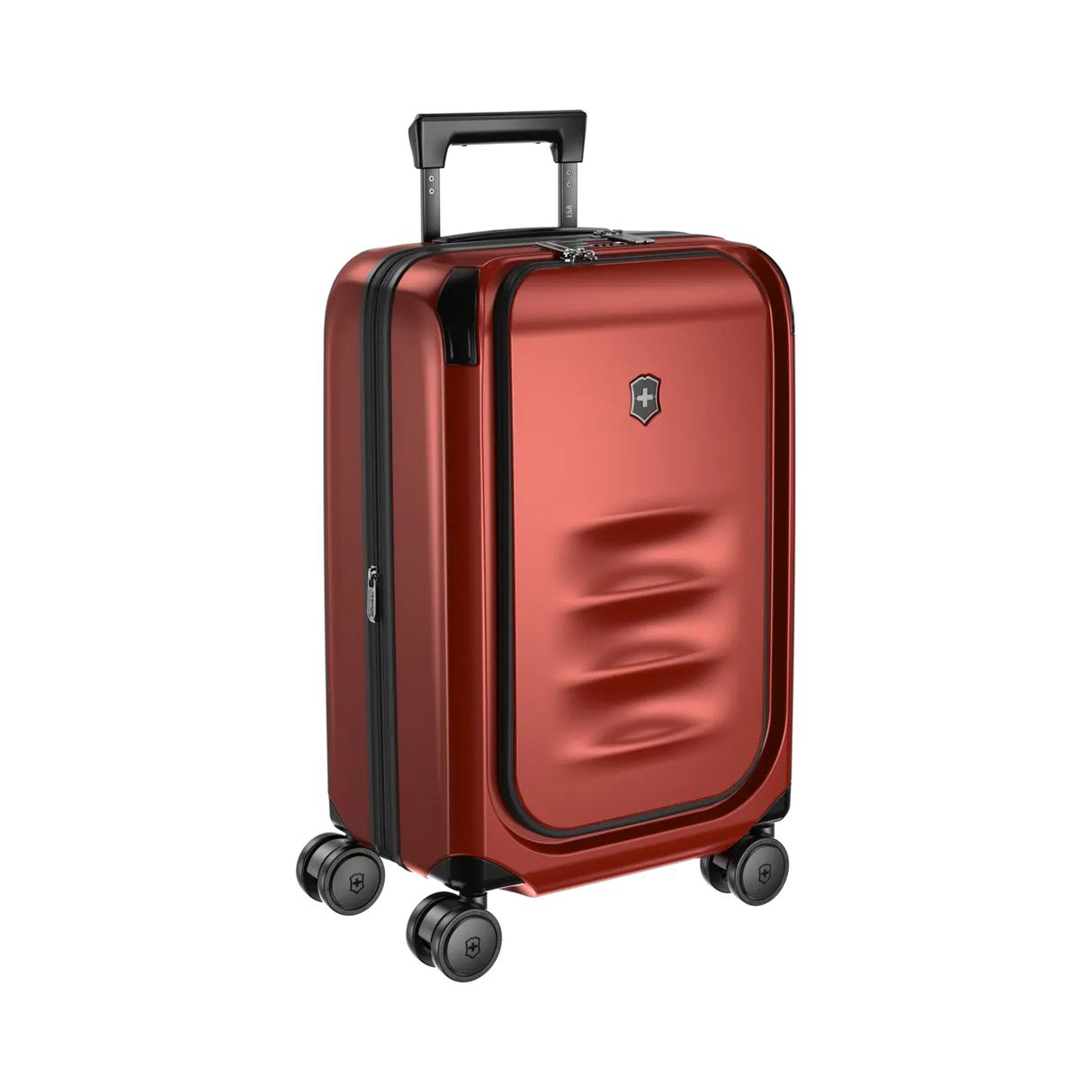 Red hardshell rolling suitcase with a retractable handle and wheels.