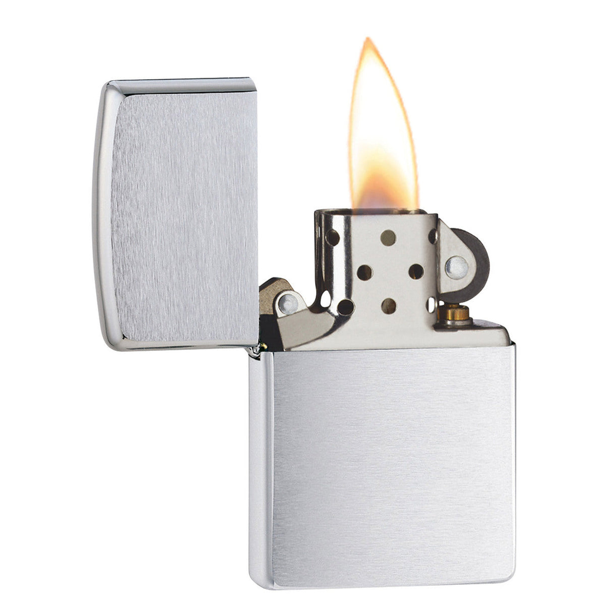 Metal cigarette lighter with an open lid and lit flame.