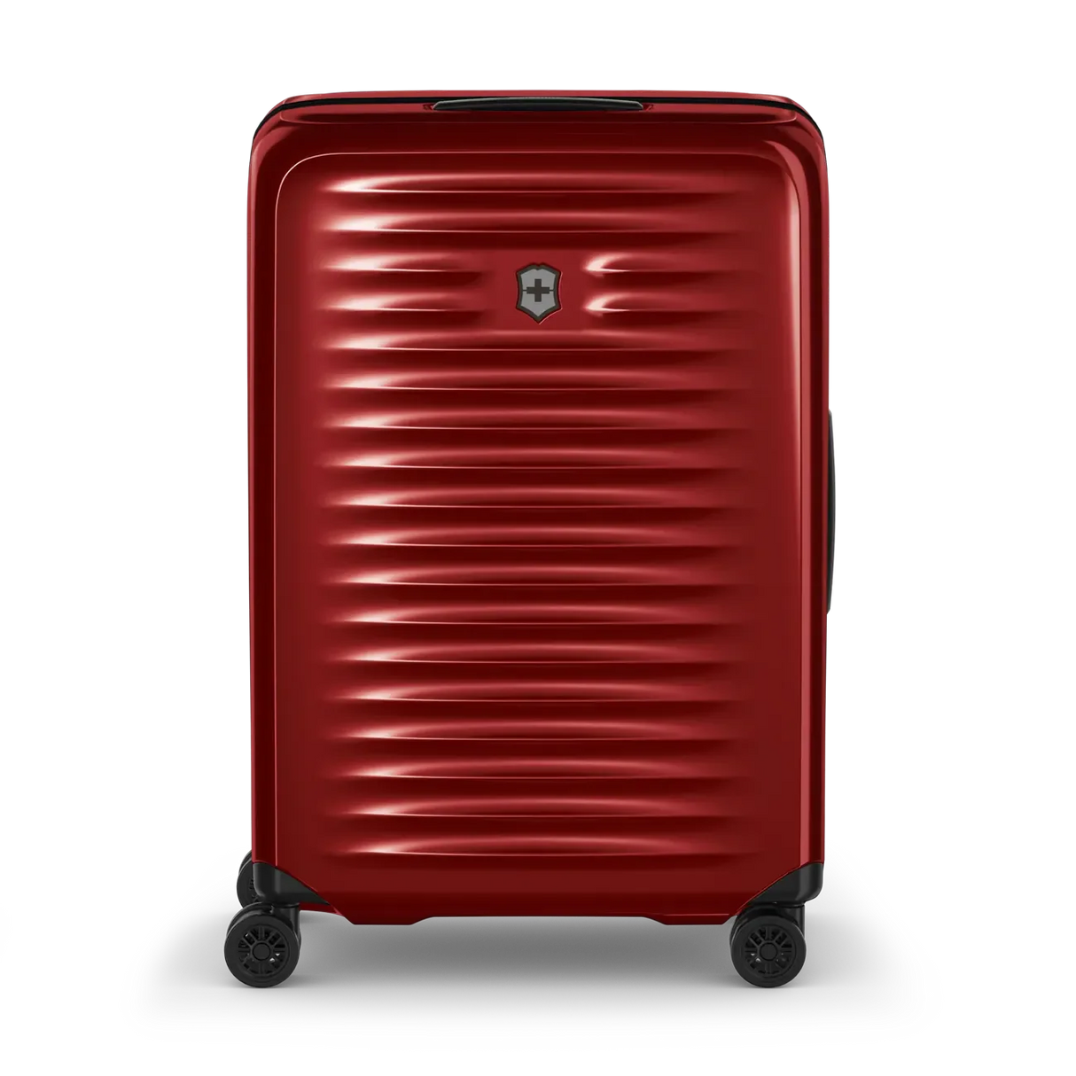 Red hardshell rolling suitcase with horizontal ridges and a Swiss Army logo.