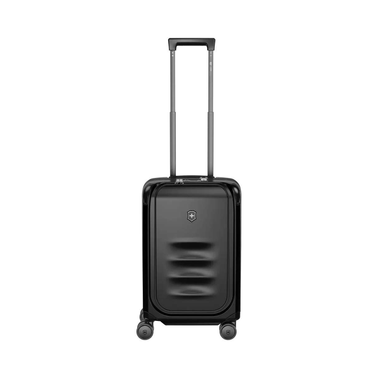 Black hardshell carry-on suitcase with extendable handle and wheels.