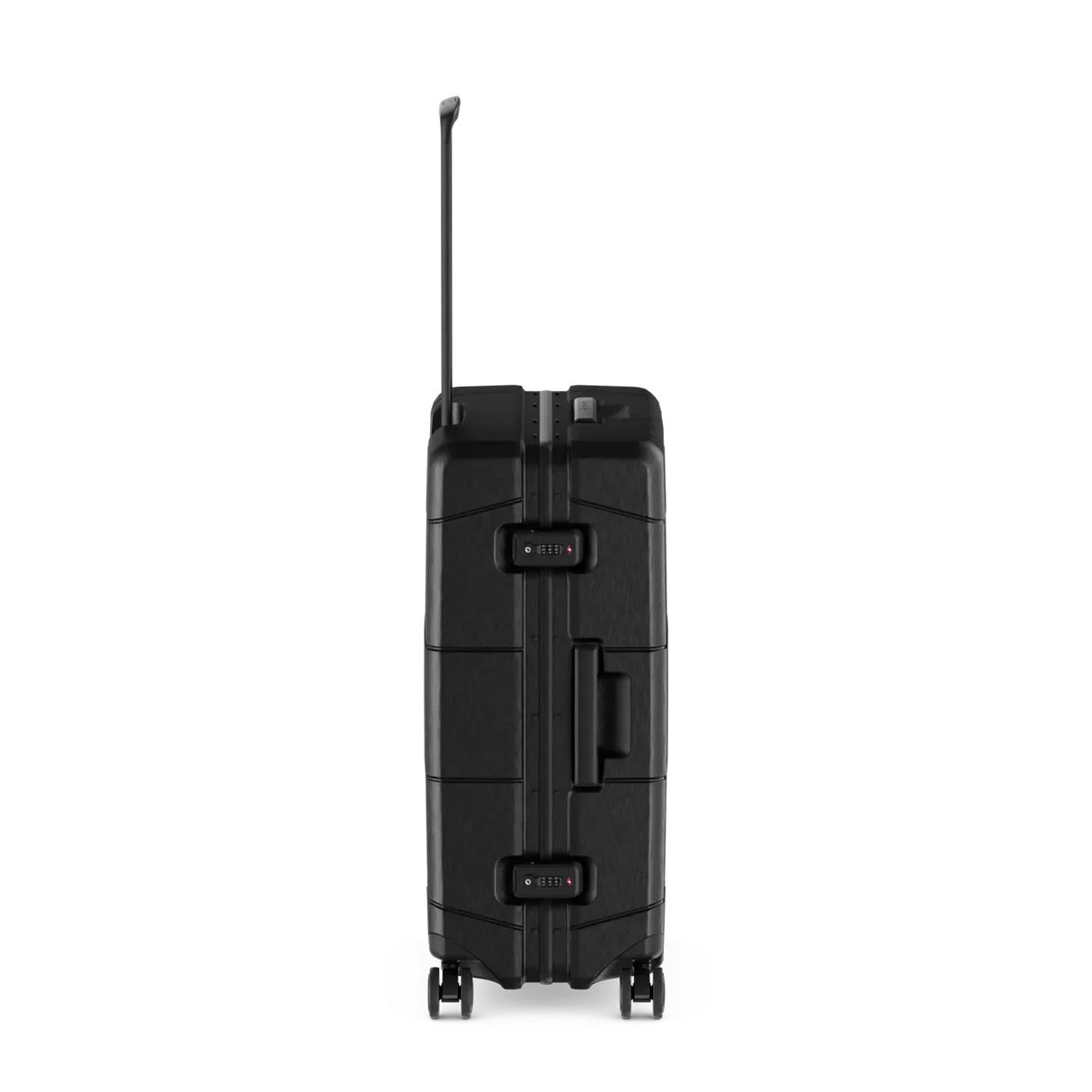 Black hardshell rolling suitcase with a telescoping handle.