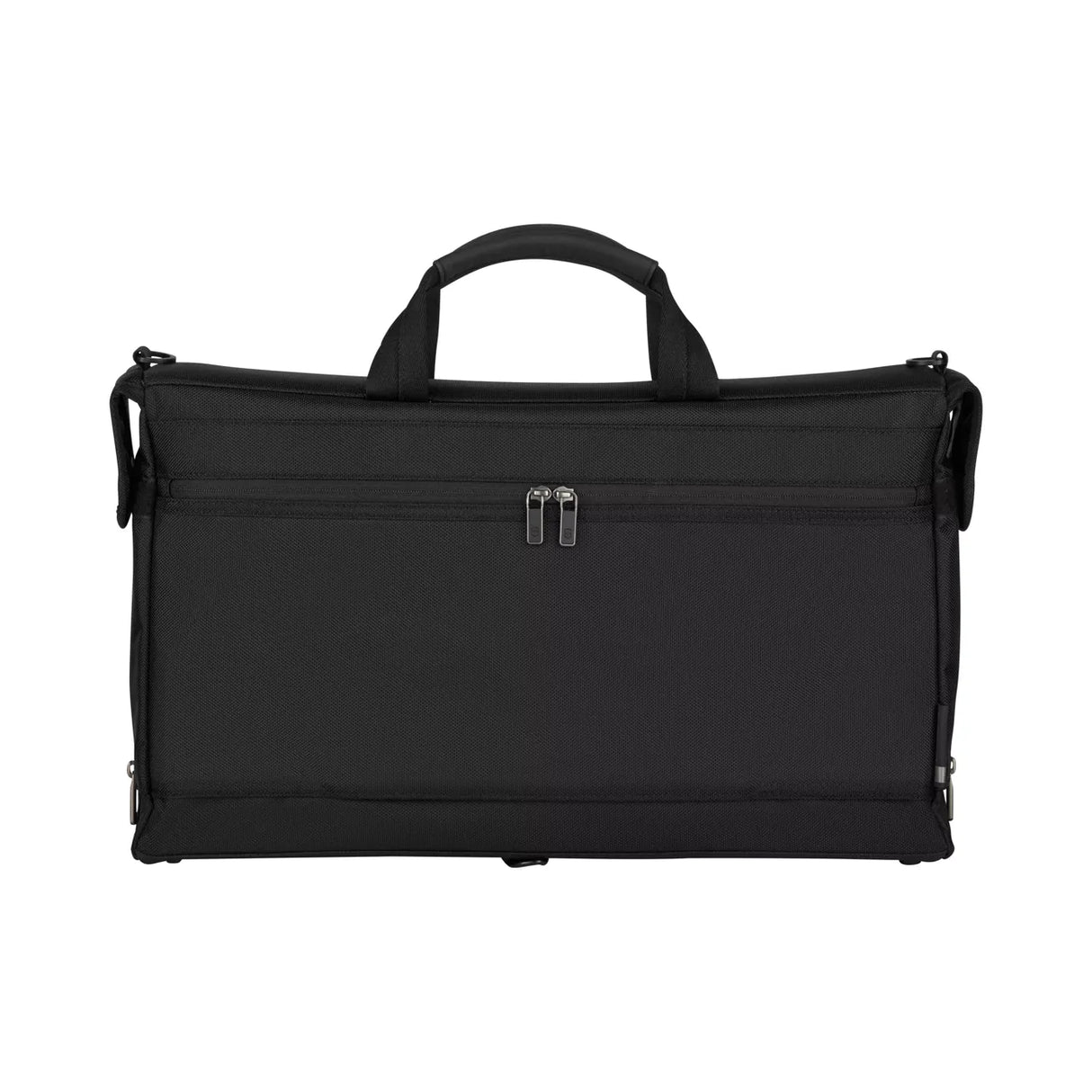 Black garment bag or travel suit carrier with handles and zipper compartments.