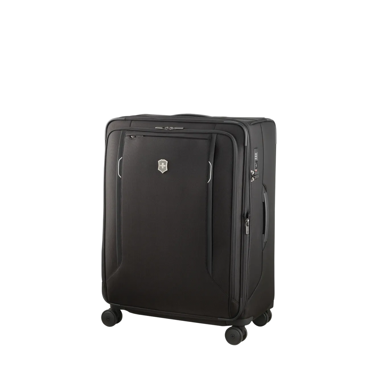 Black rolling suitcase with multiple compartments and a Victorinox logo.