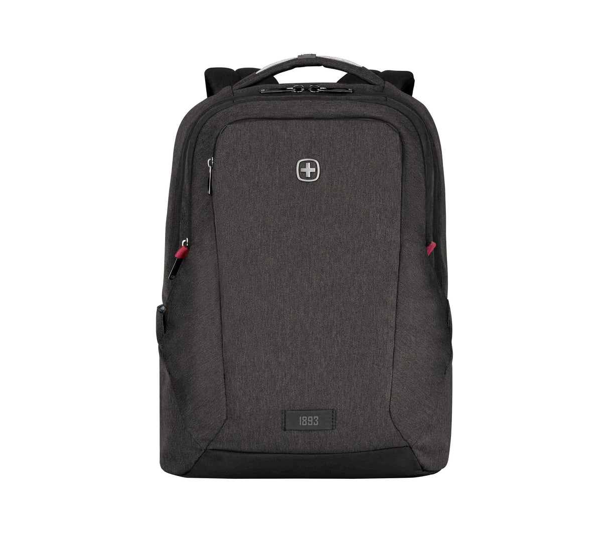 Dark gray backpack with multiple compartments and a Swiss Army logo.
