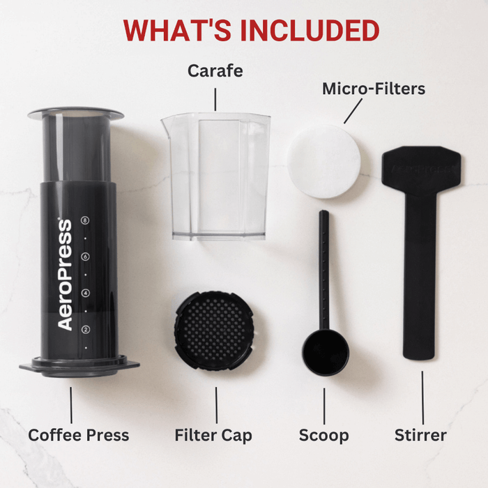 AeroPress coffee maker with its accompanying accessories laid out and labeled.