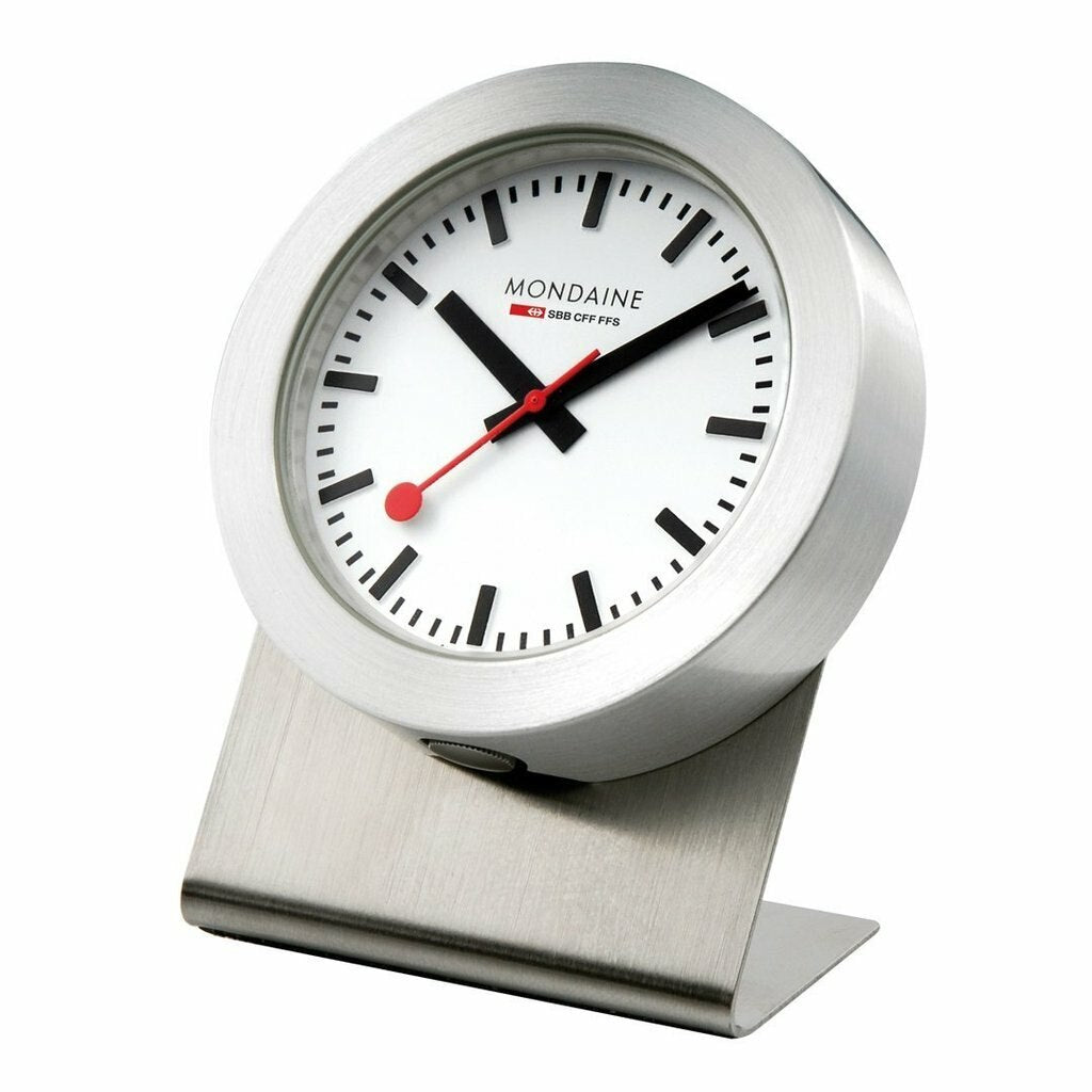 Sleek, modern desk clock with a white face and red second hand.