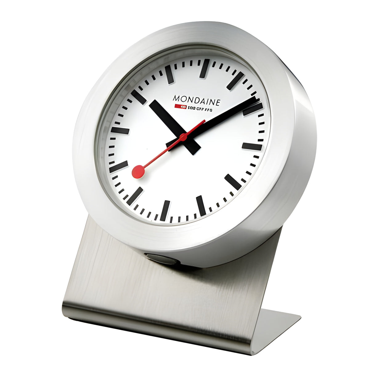Sleek, modern desk clock with a white face and red second hand.