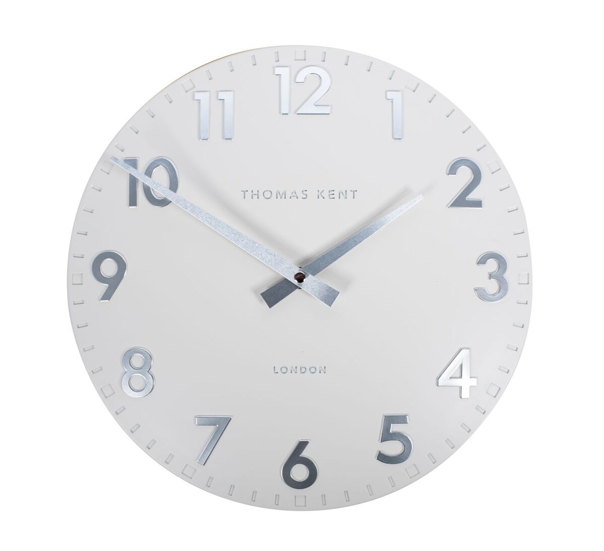 Round white wall clock with pale gray numerals and hands.