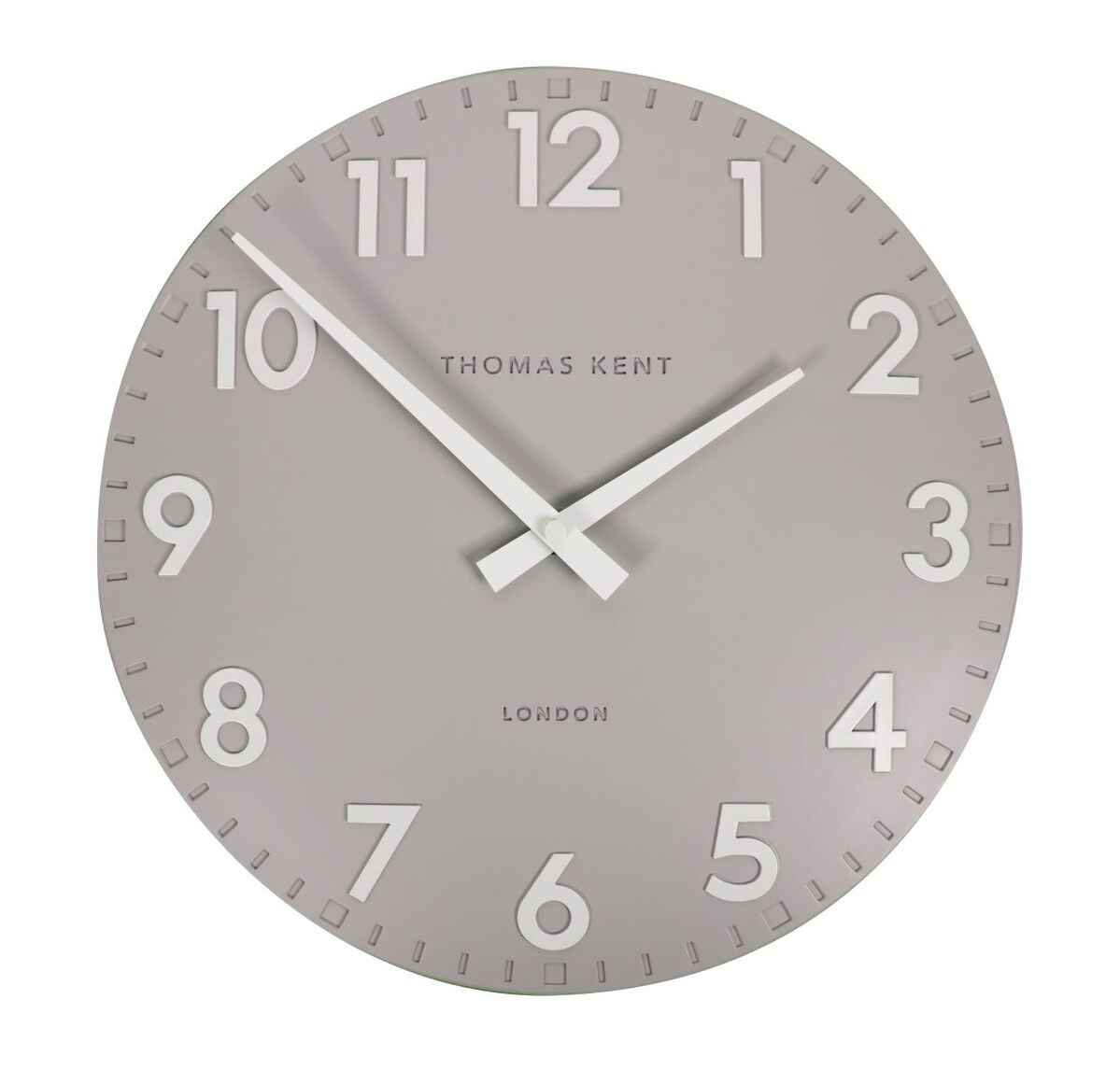 Gray wall clock with white numbers and hands, branded ’Thomas Kent London’.