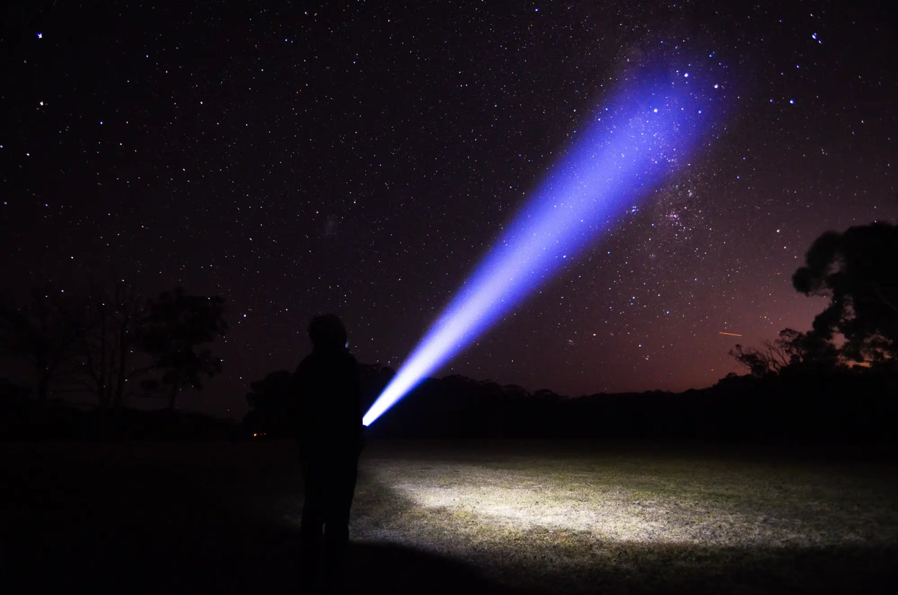 Bright blue beam of light cutting through a starry night sky.