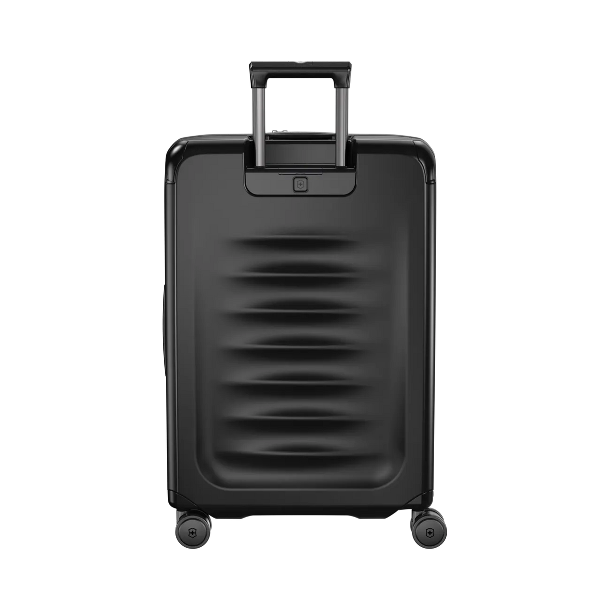 Black hardshell rolling suitcase with horizontal ridges and a retractable handle.